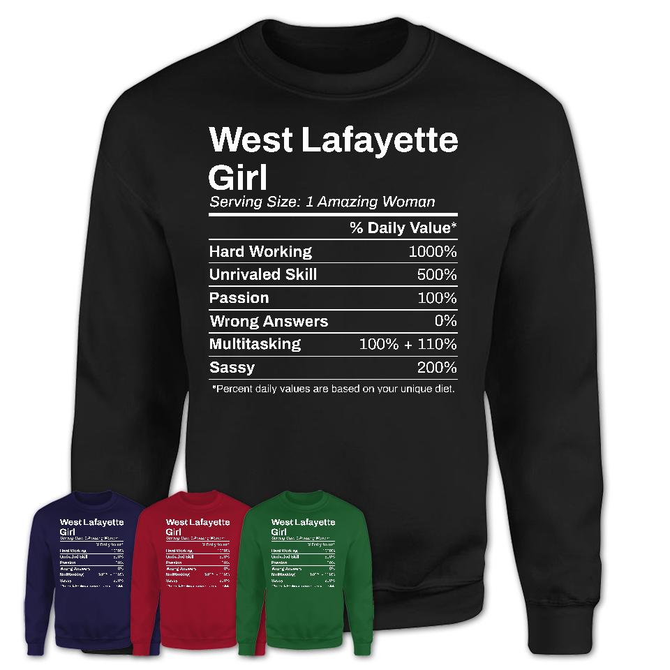 West Lafayette Girl Indiana Nutrition Facts Proud Vintage Sport Born Living City Home Roots USA Gift Women T-Shirt