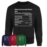 West University Place Girl Texas Nutrition Facts Proud Vintage Sport Born Living City Home Roots USA Gift Women T-Shirt
