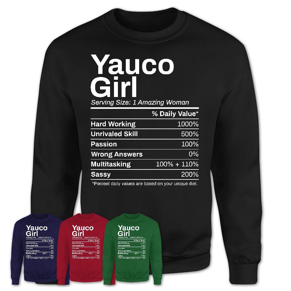 Yauco Girl Puerto Rico Nutrition Facts Proud Vintage Sport Born Living City Home Roots USA Gift Women T-Shirt
