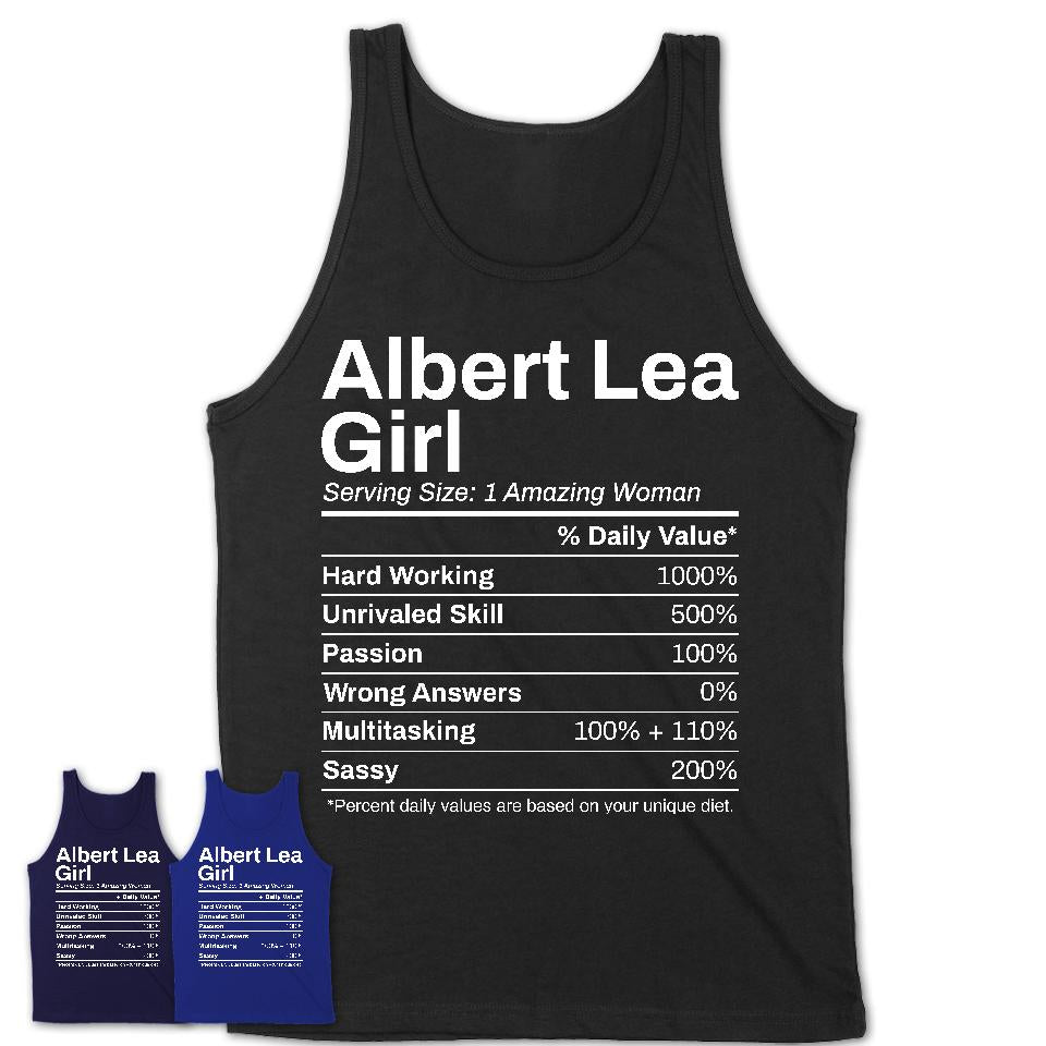 Albert Lea Girl Minnesota Nutrition Facts Proud Vintage Sport Born Living City Home Roots USA Gift Women T-Shirt