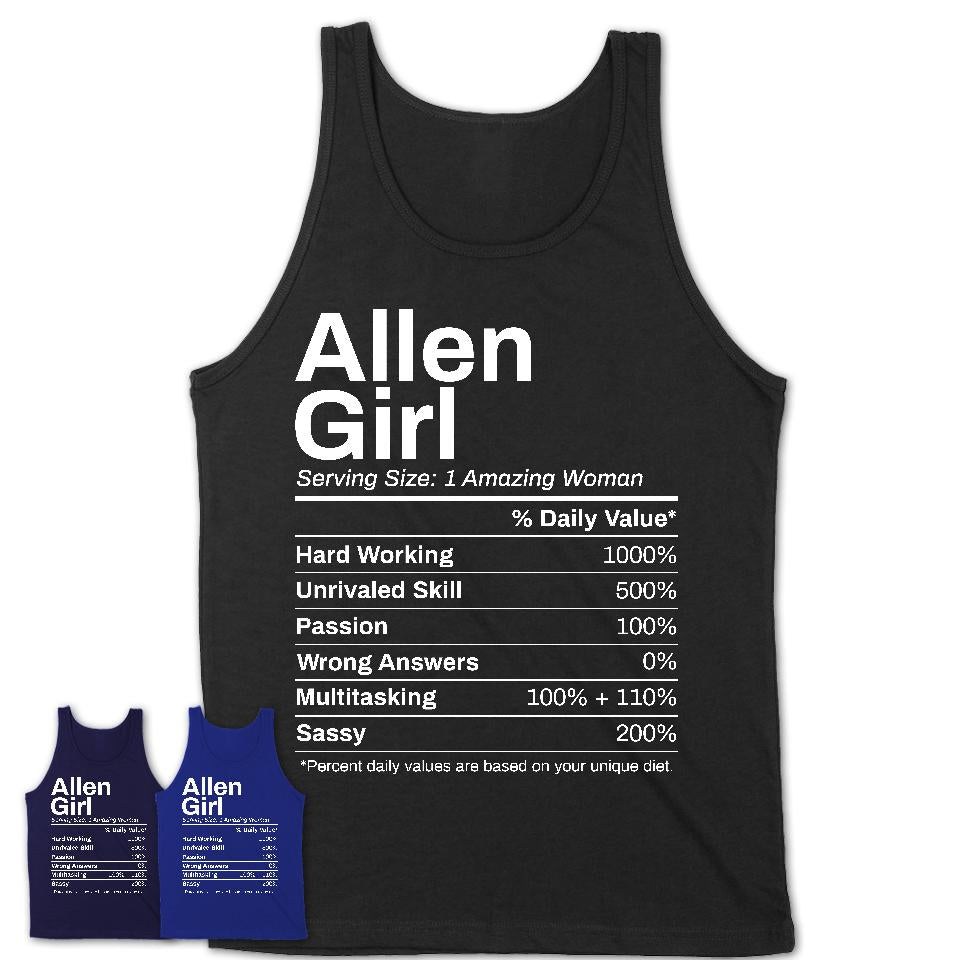 Allen Girl Texas Nutrition Facts Proud Vintage Sport Born Living City Home Roots USA Gift Women T-Shirt