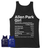Allen Park Girl Michigan Nutrition Facts Proud Vintage Sport Born Living City Home Roots USA Gift Women T-Shirt
