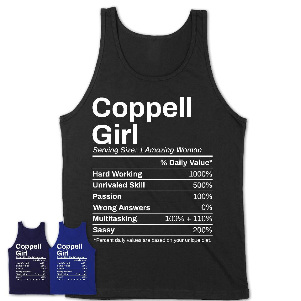 Coppell Girl Texas Nutrition Facts Proud Vintage Sport Born Living City Home Roots USA Gift Women T-Shirt