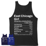 East Chicago Girl Indiana Nutrition Facts Proud Vintage Sport Born Living City Home Roots USA Gift Women T-Shirt
