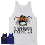 Halloween Automation Technician Shirt, Messy Bun Girl Shirt, Funny Coworker Gift in Halloween, Scary Costume Team Shirt