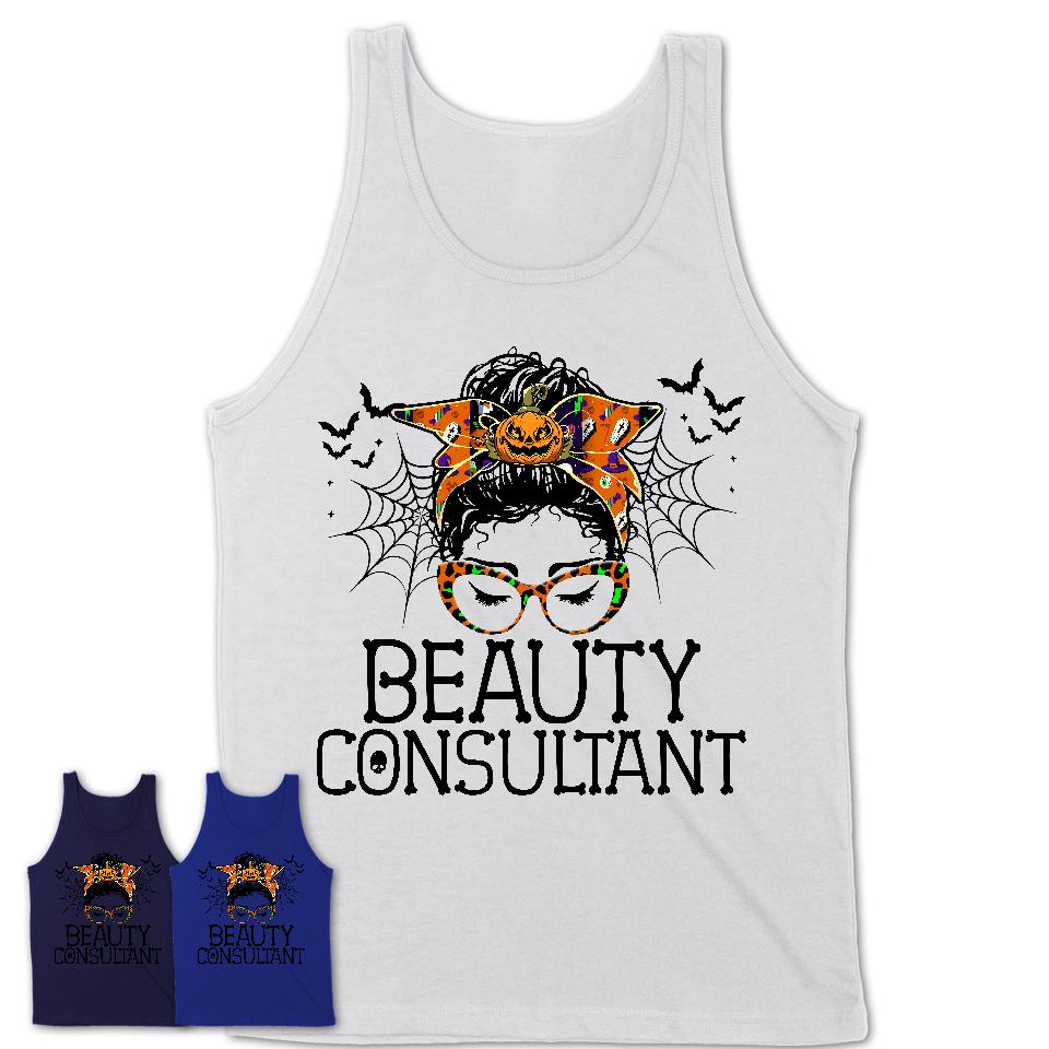 Halloween Beauty Consultant Shirt, Messy Bun Girl Shirt, Funny Coworker Gift in Halloween, Scary Costume Team Shirt