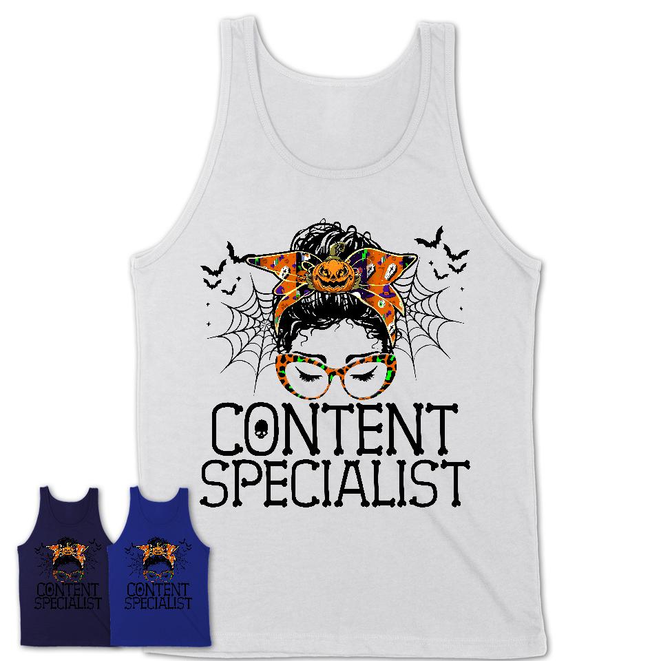 Halloween Content Specialist Shirt, Messy Bun Girl Shirt, Funny Coworker Gift in Halloween, Scary Costume Team Shirt