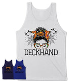 Halloween Deckhand Shirt, Messy Bun Girl Shirt, Funny Coworker Gift in Halloween, Scary Costume Team Shirt