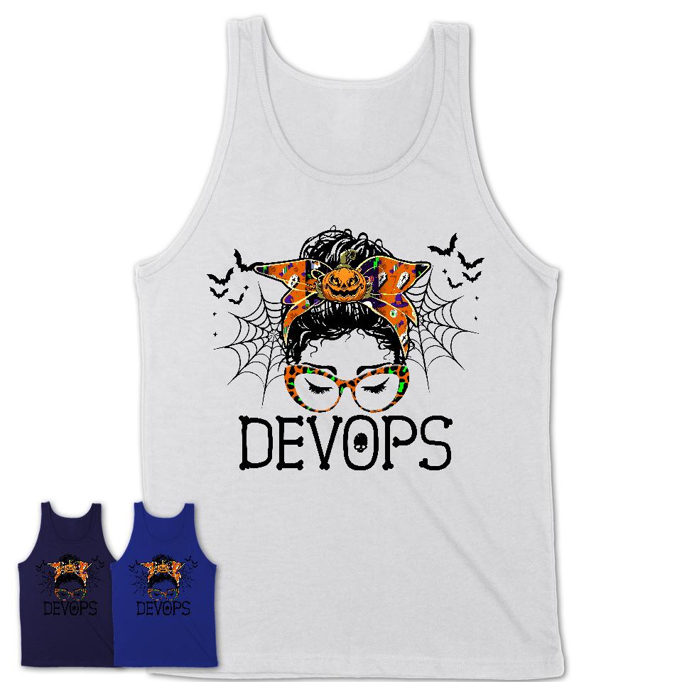 Halloween Devops Shirt, Messy Bun Girl Shirt, Funny Coworker Gift in Halloween, Scary Costume Team Shirt