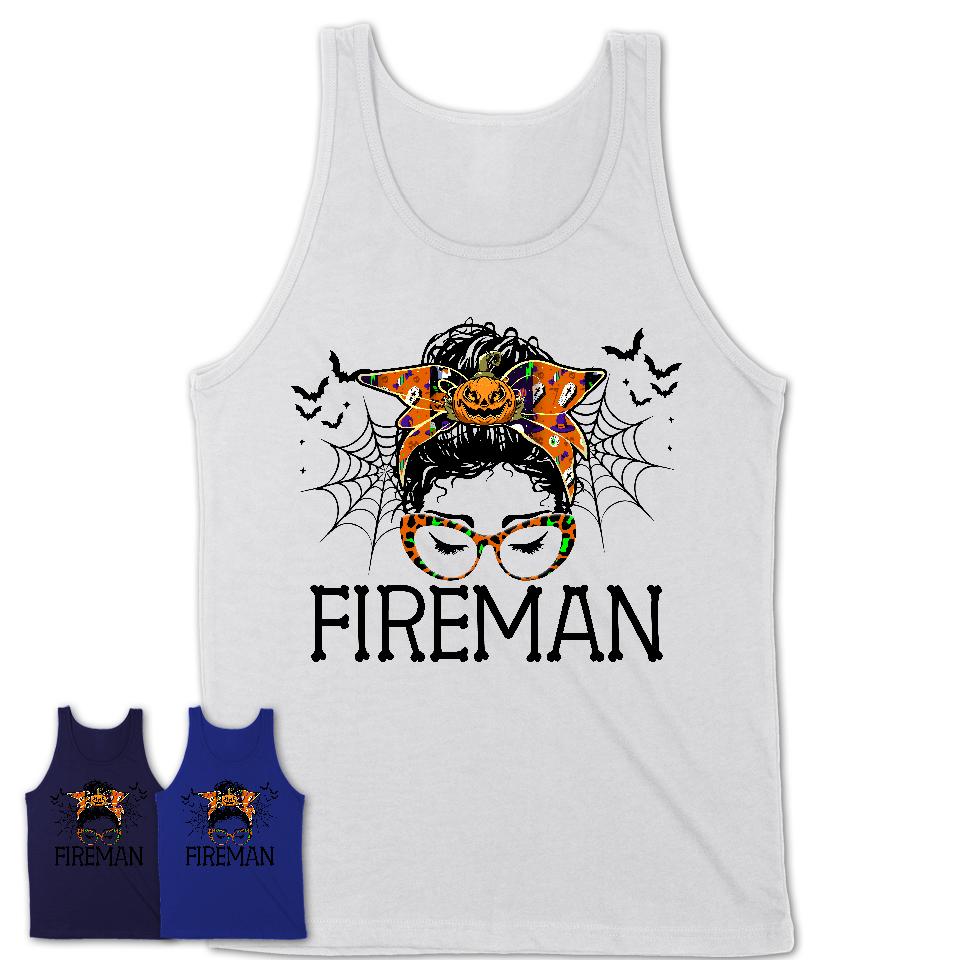 Halloween Fireman Shirt, Messy Bun Girl Shirt, Funny Coworker Gift in Halloween, Scary Costume Team Shirt