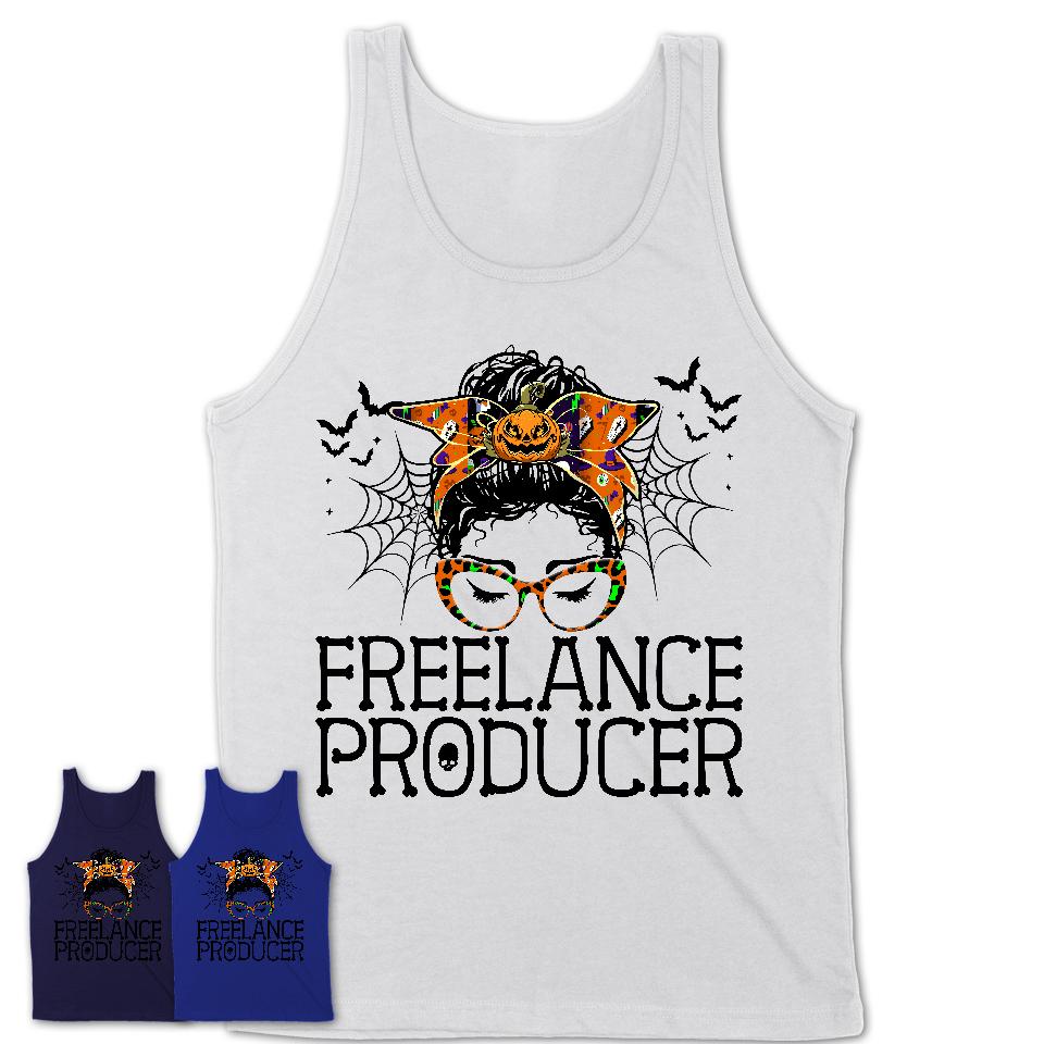 Halloween Freelance Producer Shirt, Messy Bun Girl Shirt, Funny Coworker Gift in Halloween, Scary Costume Team Shirt