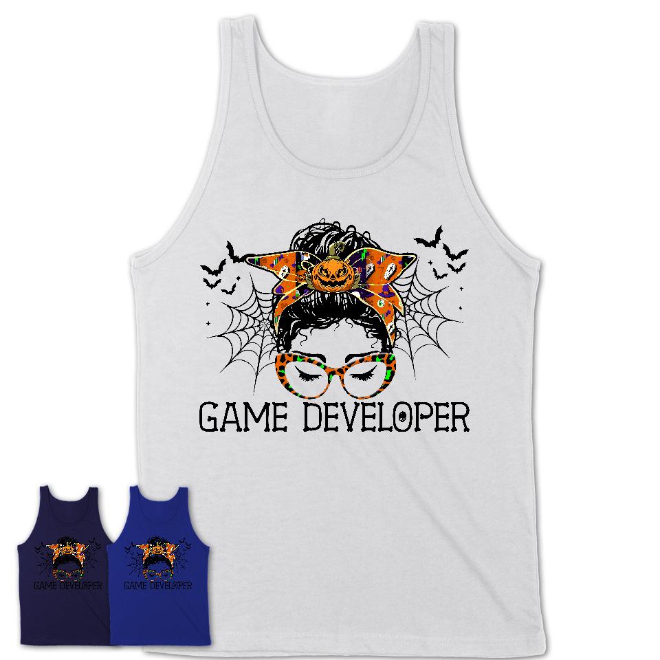 Halloween Game Developer Shirt, Messy Bun Girl Shirt, Funny Coworker Gift in Halloween, Scary Costume Team Shirt