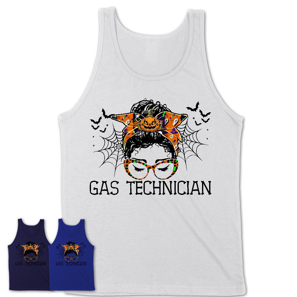 Halloween Gas Technician Shirt, Messy Bun Girl Shirt, Funny Coworker Gift in Halloween, Scary Costume Team Shirt
