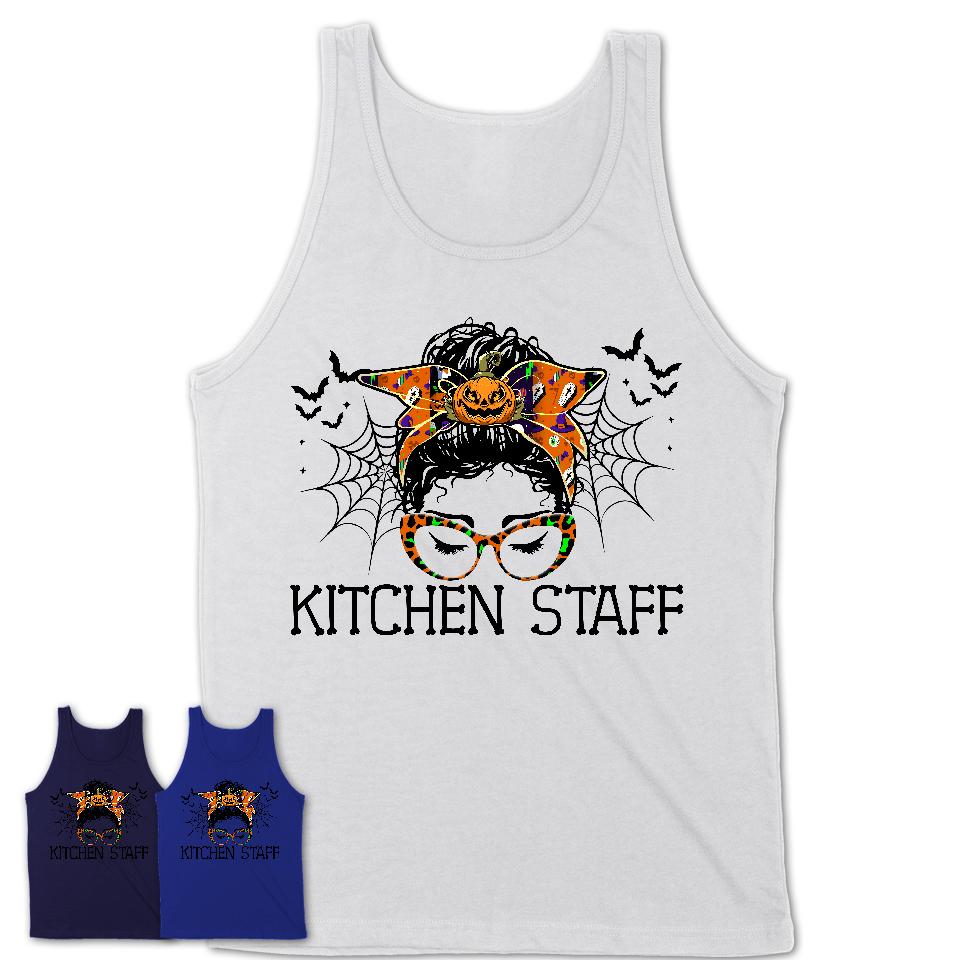Halloween Kitchen Staff Shirt, Messy Bun Girl Shirt, Funny Coworker Gift in Halloween, Scary Costume Team Shirt