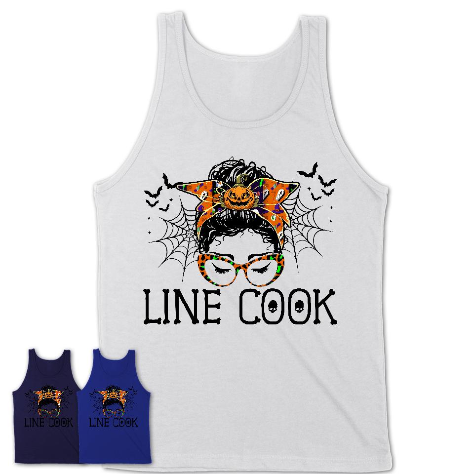 Halloween Line Cook Shirt, Messy Bun Girl Shirt, Funny Coworker Gift in Halloween, Scary Costume Team Shirt