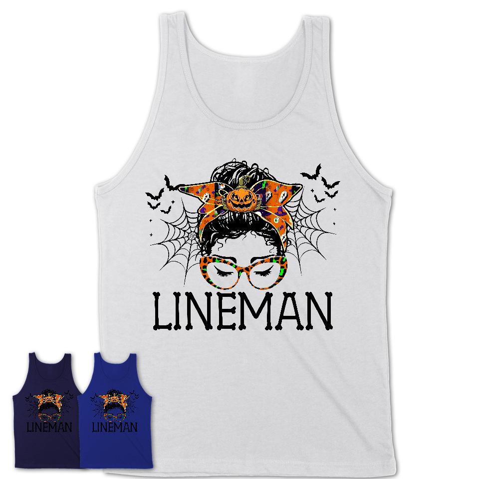 Halloween Lineman Shirt, Messy Bun Girl Shirt, Funny Coworker Gift in Halloween, Scary Costume Team Shirt