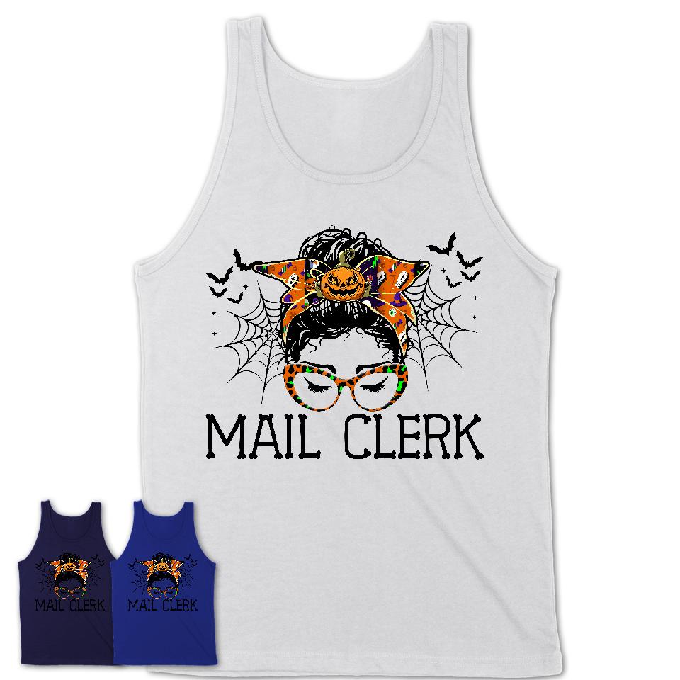 Halloween Mail Clerk Shirt, Messy Bun Girl Shirt, Funny Coworker Gift in Halloween, Scary Costume Team Shirt