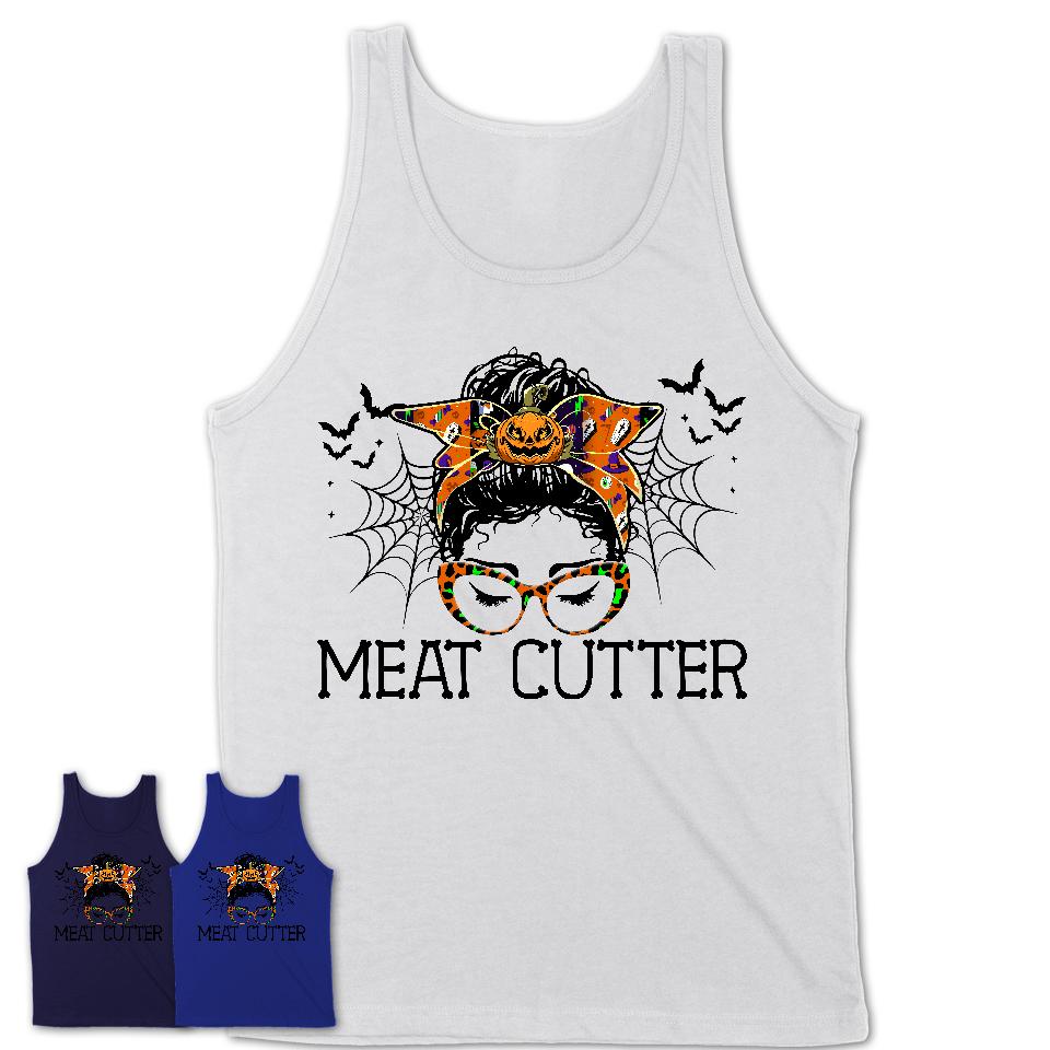 Halloween Meat Cutter Shirt, Messy Bun Girl Shirt, Funny Coworker Gift in Halloween, Scary Costume Team Shirt