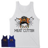 Halloween Meat Cutter Shirt, Messy Bun Girl Shirt, Funny Coworker Gift in Halloween, Scary Costume Team Shirt