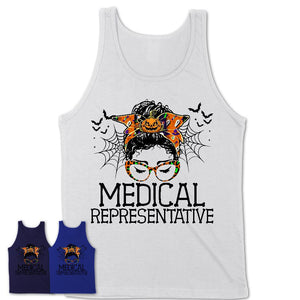 Halloween Medical Representative Shirt, Messy Bun Girl Shirt, Funny Coworker Gift in Halloween, Scary Costume Team Shirt