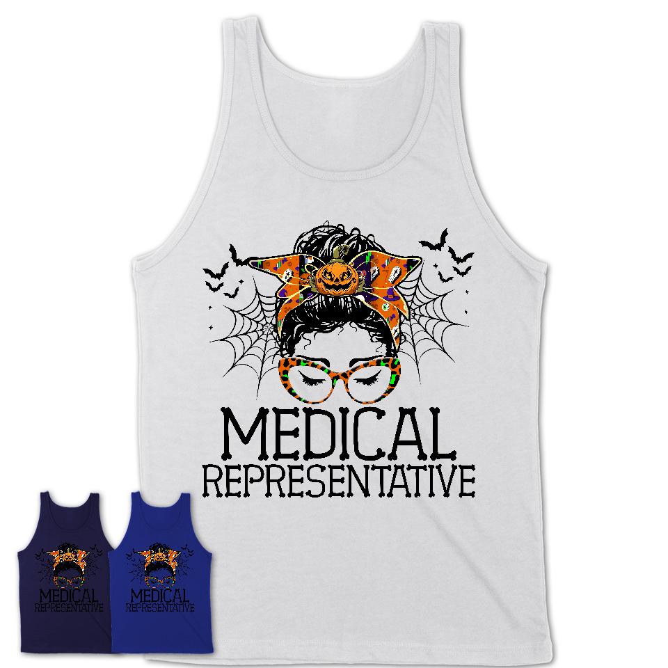 Halloween Medical Representative Shirt, Messy Bun Girl Shirt, Funny Coworker Gift in Halloween, Scary Costume Team Shirt