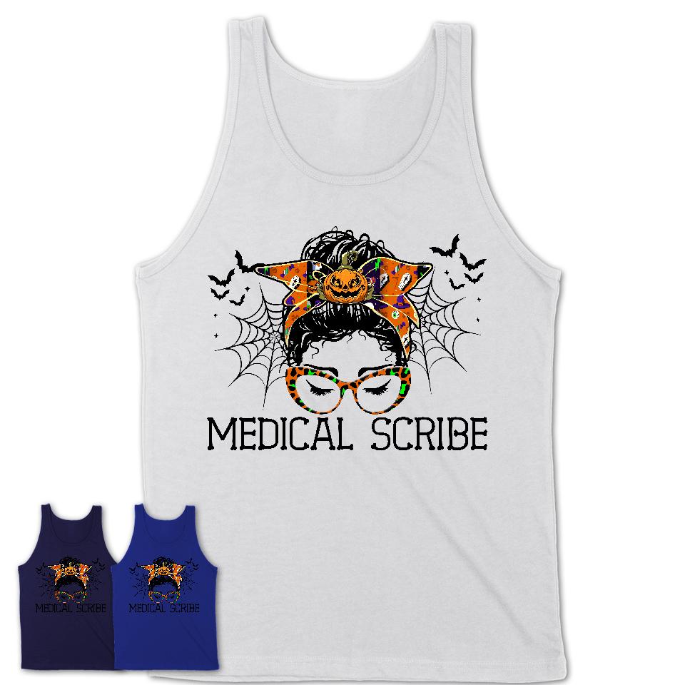 Halloween Medical Scribe Shirt, Messy Bun Girl Shirt, Funny Coworker Gift in Halloween, Scary Costume Team Shirt