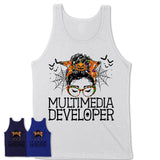 Halloween Multimedia Developer Shirt, Messy Bun Girl Shirt, Funny Coworker Gift in Halloween, Scary Costume Team Shirt