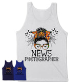 Halloween News Photographer Shirt, Messy Bun Girl Shirt, Funny Coworker Gift in Halloween, Scary Costume Team Shirt