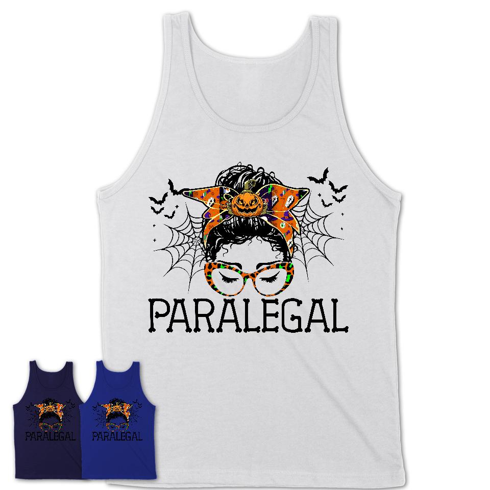 Halloween Paralegal Shirt, Messy Bun Girl Shirt, Funny Coworker Gift in Halloween, Scary Costume Team Shirt
