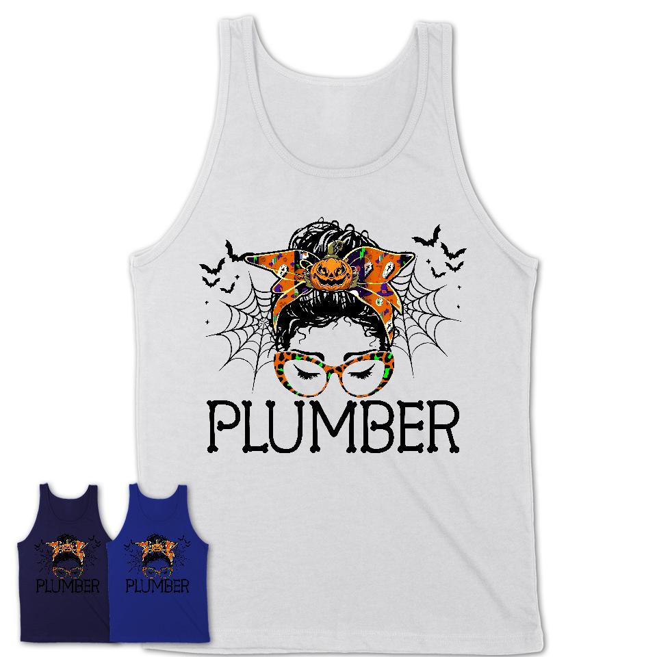 Halloween Plumber Shirt, Messy Bun Girl Shirt, Funny Coworker Gift in Halloween, Scary Costume Team Shirt