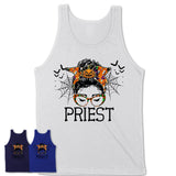 Halloween Priest Shirt, Messy Bun Girl Shirt, Funny Coworker Gift in Halloween, Scary Costume Team Shirt
