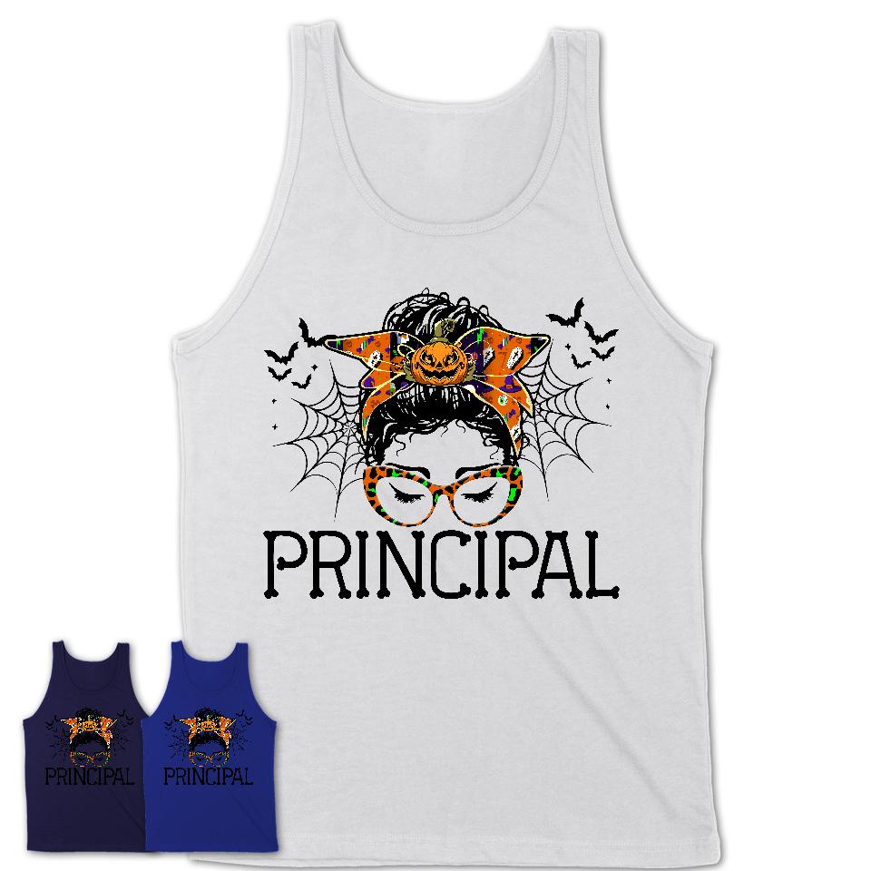 Halloween Principal Shirt, Messy Bun Girl Shirt, Funny Coworker Gift in Halloween, Scary Costume Team Shirt