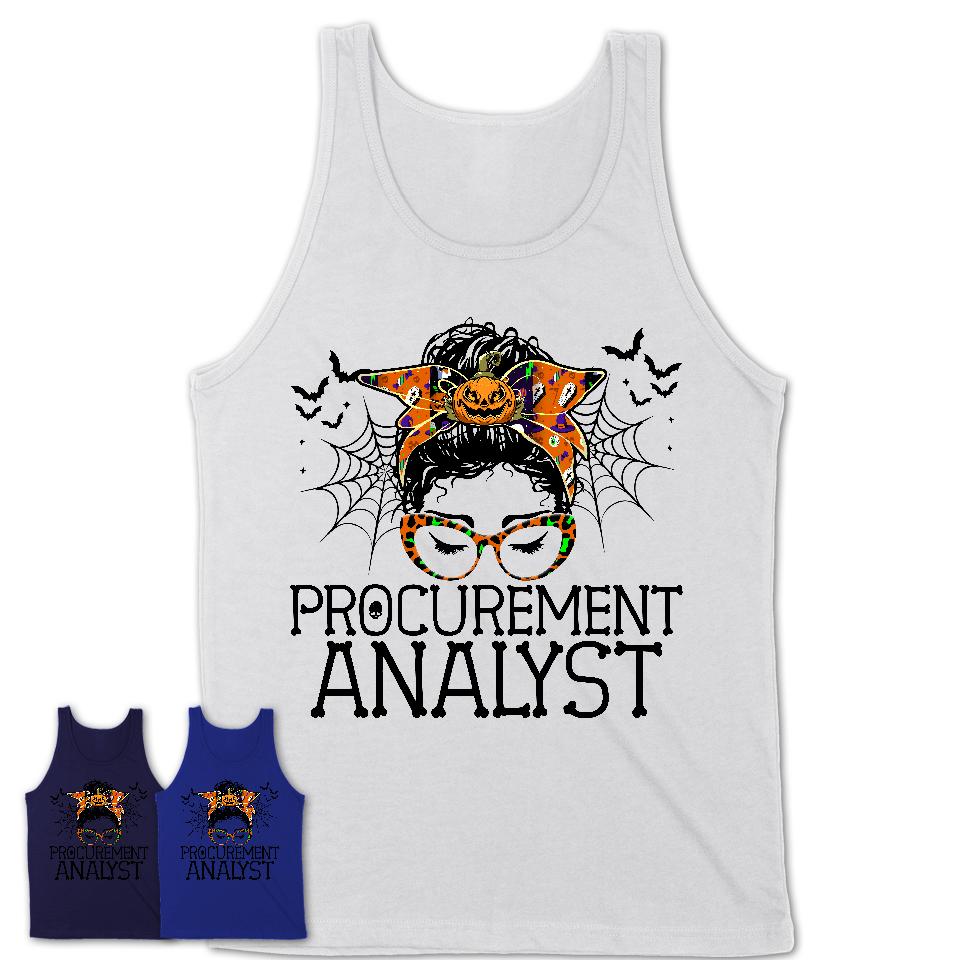 Halloween Procurement Analyst Shirt, Messy Bun Girl Shirt, Funny Coworker Gift in Halloween, Scary Costume Team Shirt