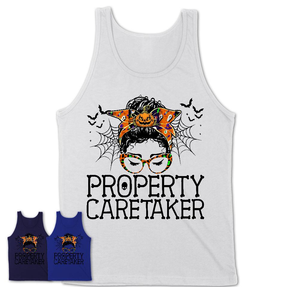 Halloween Property Caretaker Shirt, Messy Bun Girl Shirt, Funny Coworker Gift in Halloween, Scary Costume Team Shirt