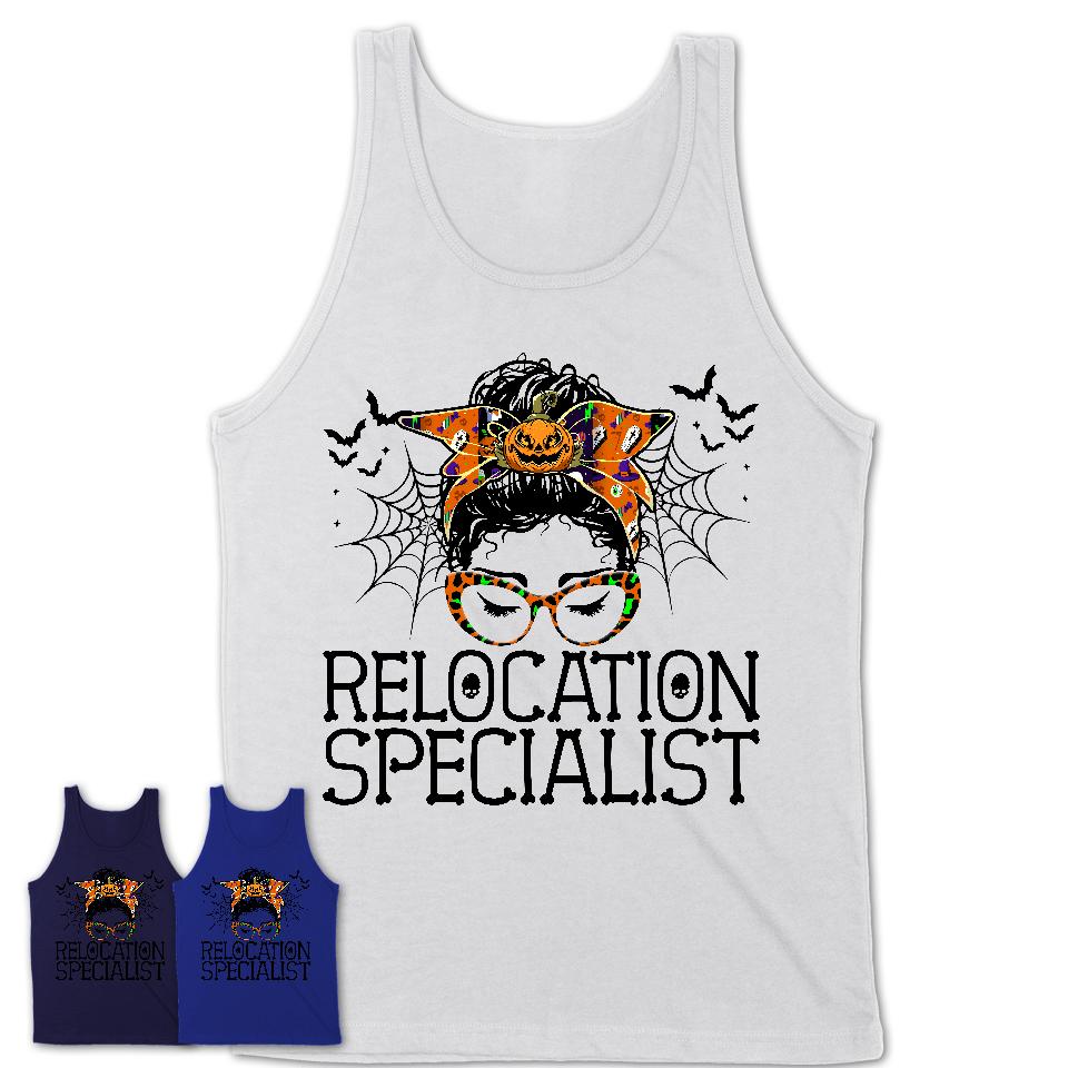 Halloween Relocation Specialist Shirt, Messy Bun Girl Shirt, Funny Coworker Gift in Halloween, Scary Costume Team Shirt