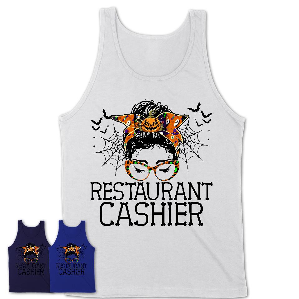 Halloween Restaurant Cashier Shirt, Messy Bun Girl Shirt, Funny Coworker Gift in Halloween, Scary Costume Team Shirt