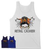 Halloween Retail Cashier Shirt, Messy Bun Girl Shirt, Funny Coworker Gift in Halloween, Scary Costume Team Shirt