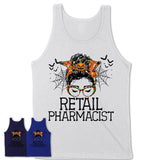 Halloween Retail Pharmacist Shirt, Messy Bun Girl Shirt, Funny Coworker Gift in Halloween, Scary Costume Team Shirt