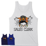 Halloween Sales Clerk Shirt, Messy Bun Girl Shirt, Funny Coworker Gift in Halloween, Scary Costume Team Shirt