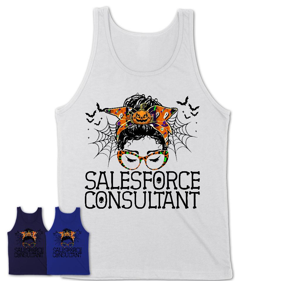 Halloween Salesforce Consultant Shirt, Messy Bun Girl Shirt, Funny Coworker Gift in Halloween, Scary Costume Team Shirt