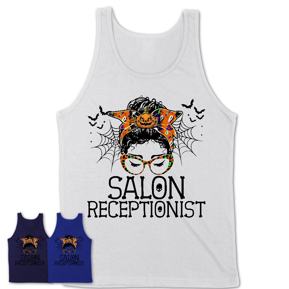 Halloween Salon Receptionist Shirt, Messy Bun Girl Shirt, Funny Coworker Gift in Halloween, Scary Costume Team Shirt