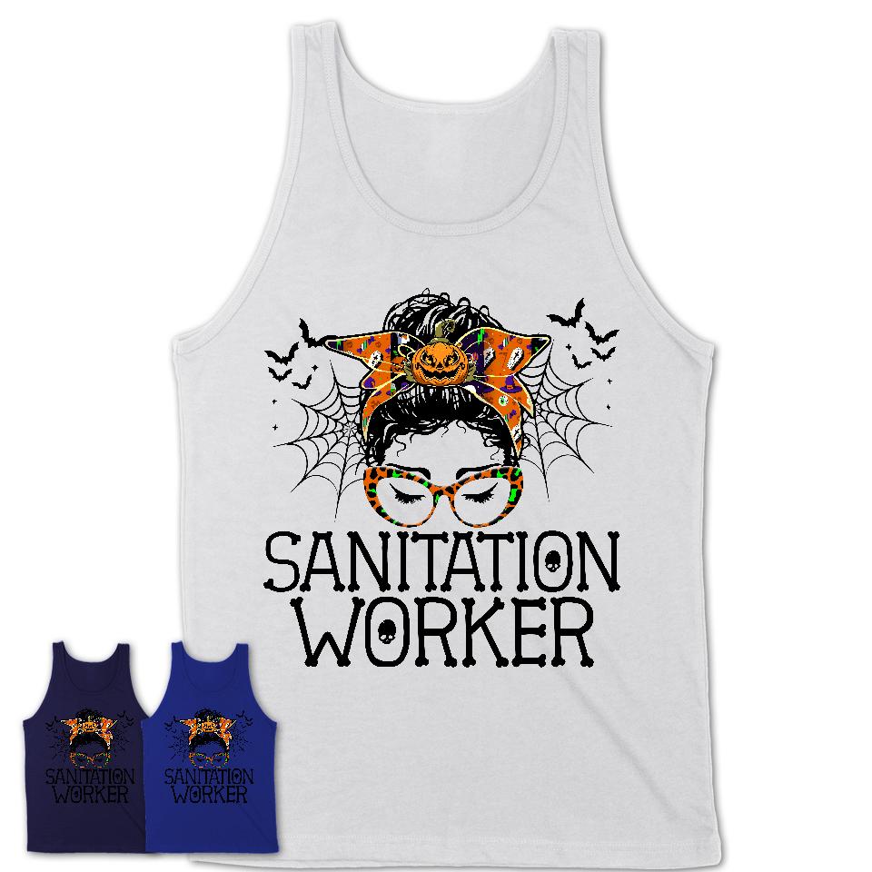 Halloween Sanitation Worker Shirt, Messy Bun Girl Shirt, Funny Coworker Gift in Halloween, Scary Costume Team Shirt