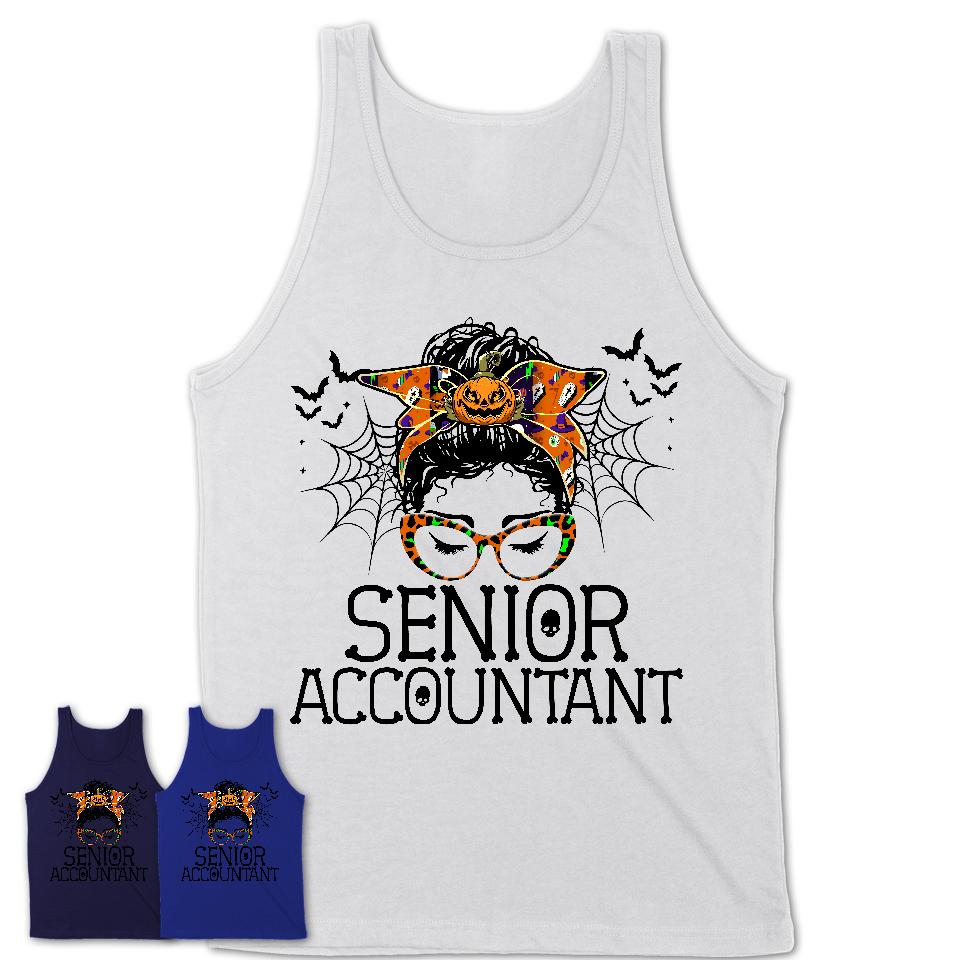 Halloween Senior Accountant Shirt, Messy Bun Girl Shirt, Funny Coworker Gift in Halloween, Scary Costume Team Shirt