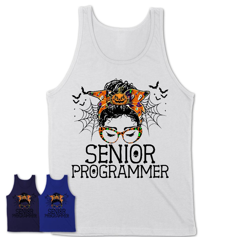 Halloween Senior Programmer Shirt, Messy Bun Girl Shirt, Funny Coworker Gift in Halloween, Scary Costume Team Shirt
