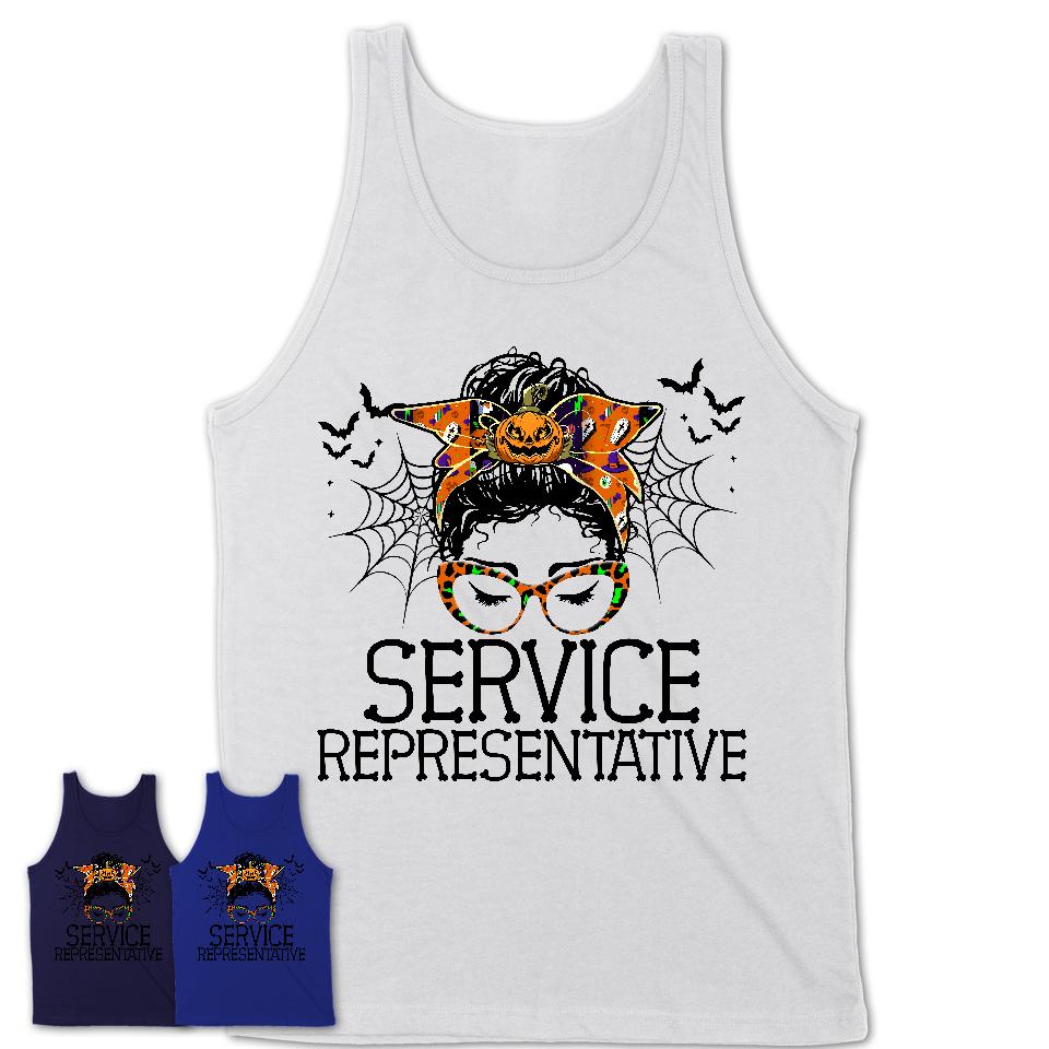 Halloween Service Representative Shirt, Messy Bun Girl Shirt, Funny Coworker Gift in Halloween, Scary Costume Team Shirt