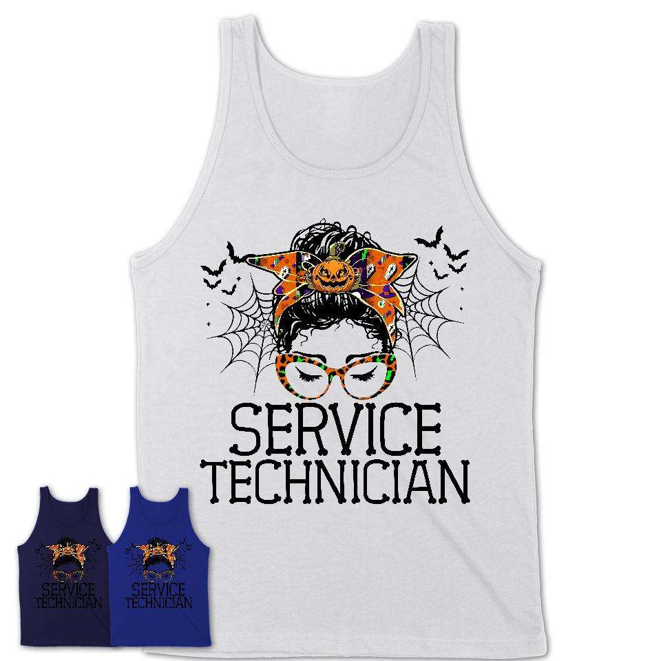 Halloween Service Technician Shirt, Messy Bun Girl Shirt, Funny Coworker Gift in Halloween, Scary Costume Team Shirt