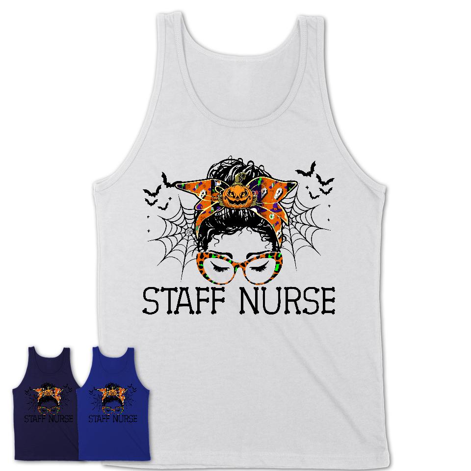 Halloween Staff Nurse Shirt, Messy Bun Girl Shirt, Funny Coworker Gift in Halloween, Scary Costume Team Shirt