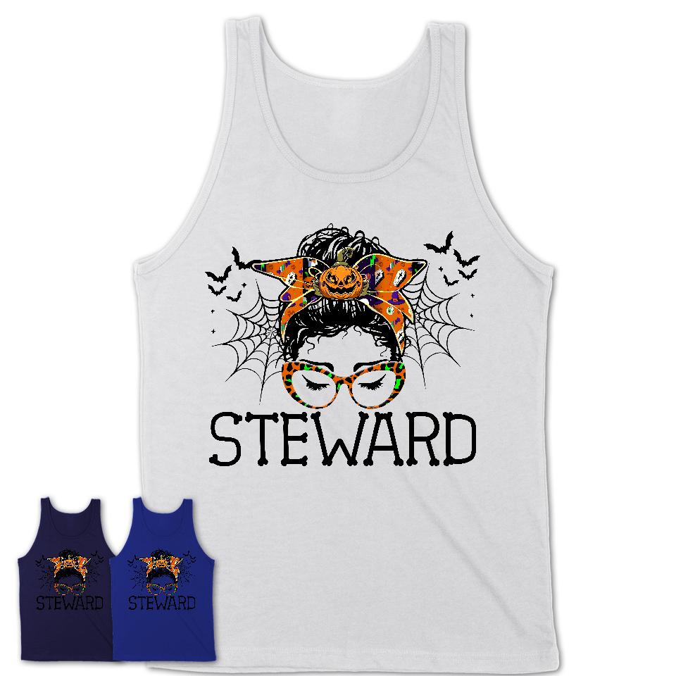 Halloween Steward Shirt, Messy Bun Girl Shirt, Funny Coworker Gift in Halloween, Scary Costume Team Shirt