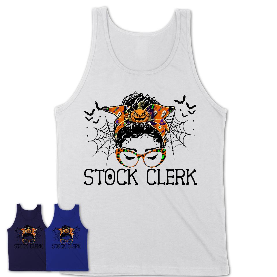 Halloween Stock Clerk Shirt, Messy Bun Girl Shirt, Funny Coworker Gift in Halloween, Scary Costume Team Shirt