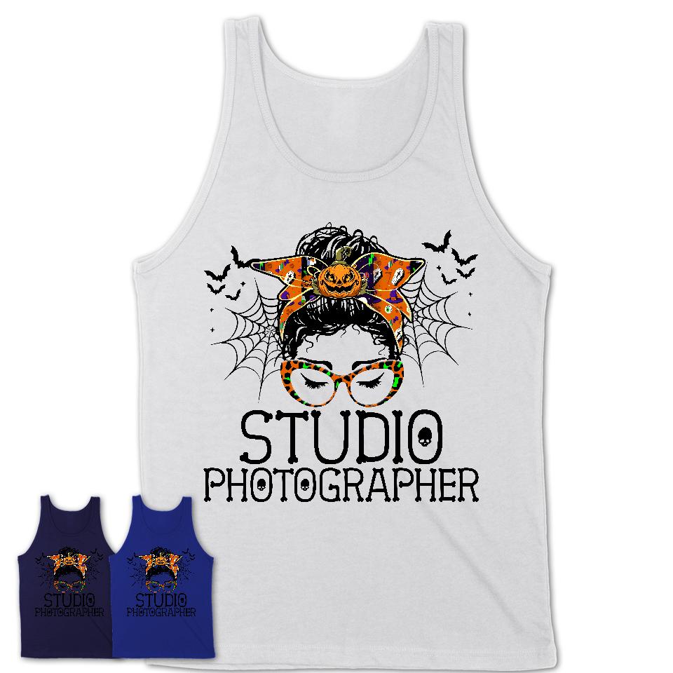 Halloween Studio Photographer Shirt, Messy Bun Girl Shirt, Funny Coworker Gift in Halloween, Scary Costume Team Shirt